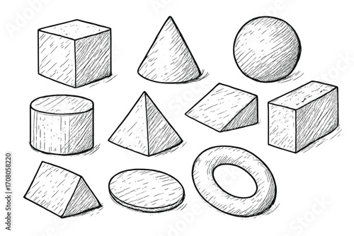 Hand drawn 3d geometric shapes set in sketch style. Vector doodle illustration of basic geometry figures. Cube, cone, sphere, cylinder, pyramid, torus for math and education.