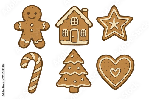Hand drawn vector set of Christmas gingerbread cookies. Cartoon illustration collection of man, house, star, candy cane, tree, and heart shapes. Isolated holiday dessert elements.