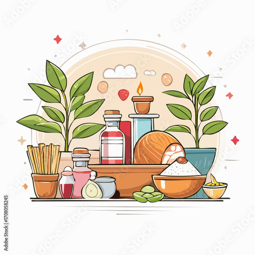 Traditional Spa Ingredients with Candle and Plants