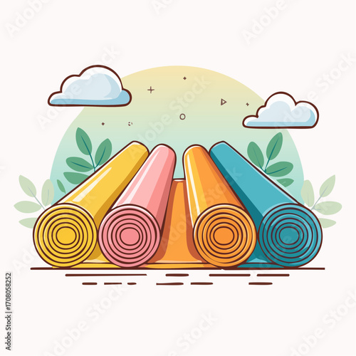 Colorful Yoga Mats Rolled Up on Mat with Clouds and Leaves