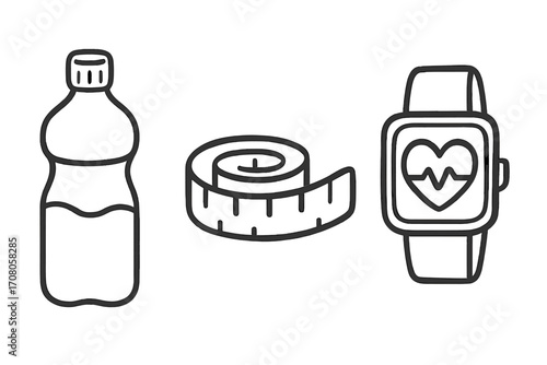 Fitness and health vector icon set. Hand drawn symbols for hydration, measurement, and activity tracking. Water bottle, measuring tape, and smartwatch with heart rate.