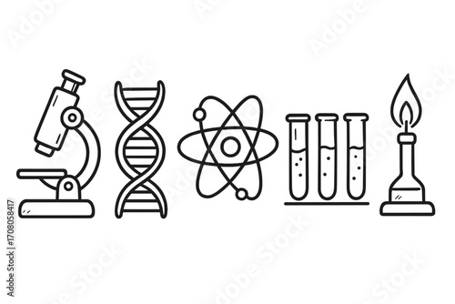 Hand drawn science icon set. Microscope, DNA, atom, test tubes, bunsen burner. Vector cartoon illustration for chemistry, biology, physics research and education concept.