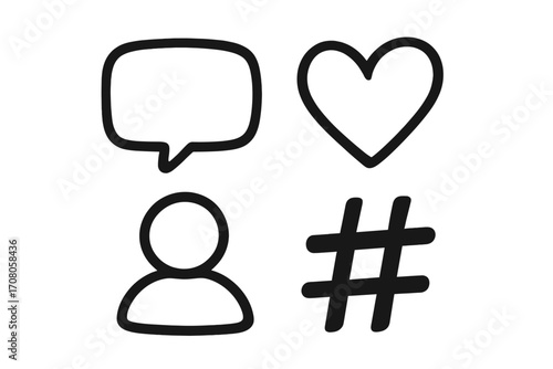 Social media icon pack. Hand-drawn vector symbols including heart for likes, speech bubble for comments, user profile, and hashtag. Simple black outline graphic set.