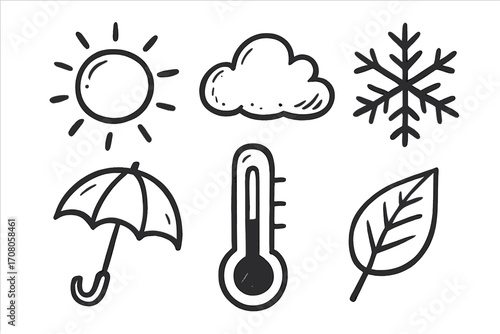 Hand drawn weather icons set. Doodle cartoon vector illustration. Sun, cloud, snow, rain, temperature, and season symbols. Meteorology forecast graphic elements collection.