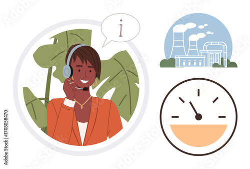 Smiling customer service agent with a headset in a circular frame, factory and energy plant emitting fumes, and a gauge indicating energy or performance levels. Ideal for customer service, energy