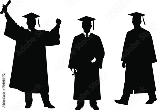 Silhouette of male graduates wearing academic caps and gowns, celebrating success, holding diplomas, and posing after graduation ceremony, perfect for education concepts.