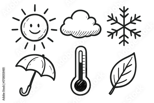 Hand drawn weather icons collection with sun, cloud, snowflake, umbrella, thermometer, leaf. Cartoon vector outline set for climate, forecast, meteorology, seasons, temperature, environment design