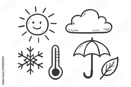 Hand drawn weather icons set. Cute cartoon doodle collection. Sun, cloud, snowflake, umbrella, thermometer, leaf symbols. Vector illustration for forecast, season, climate.