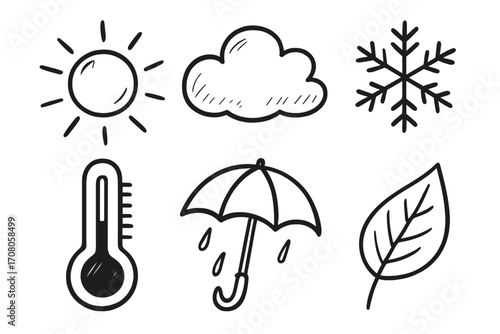 Hand drawn weather icon set with doodle cartoon symbols. Vector elements for meteorology forecast. Sun for summer, snowflake for winter, leaf for autumn, rain, and thermometer.