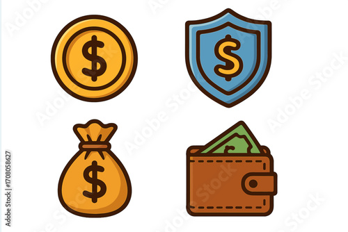 Vector financial icon set for business and finance. Includes dollar coin, security shield, money bag, wallet. Concepts for saving, insurance, investment, payment, wealth.
