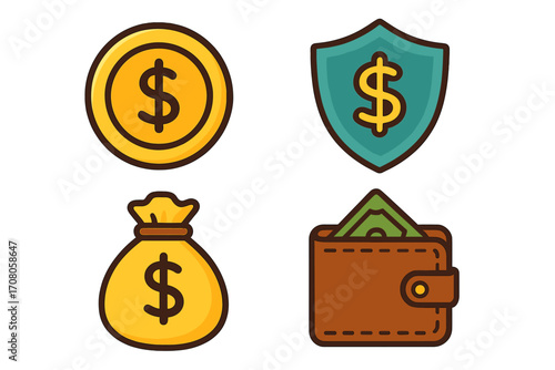 Money savings and insurance icon bundle. Finance concept. Vector cartoon icons of dollar coin, protection shield, money bag, and wallet. Financial security, investment.