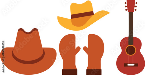 Country music festival elements bundle vector cowboy hat mittens guitar icon