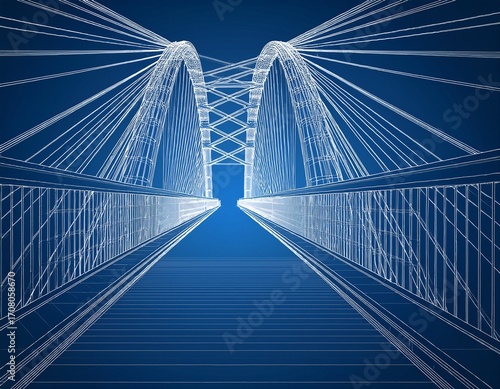 civil engineering wireframe blueprint of modern bridge on blue background