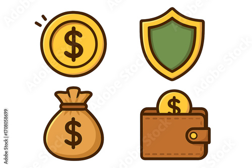 Finance and money savings icon collection. Vector icons of a dollar coin, security shield, money bag, and wallet for banking, investment, and insurance concepts for web design.