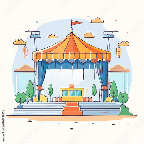 Outdoor Stage With Orange and Blue Canopy