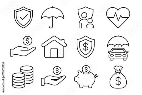 Insurance and money savings line icon set. Concepts of financial services, protection, investment, health, family, car and home insurance. Simple vector graphic symbols.