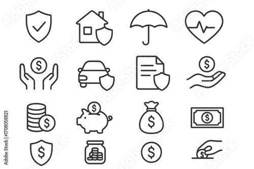 Insurance and finance line icon set. Money savings, investment, car and home protection symbols. Health care, piggy bank, policy document vector pictograms for web and app.