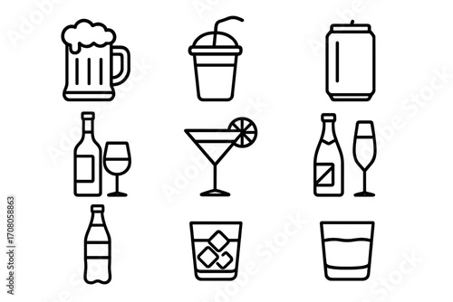 Drink and beverage line icon set. Alcohol, soft drinks, beer, wine, cocktail, and soda icons for bar menu, web design, apps. Vector outline pictogram collection.