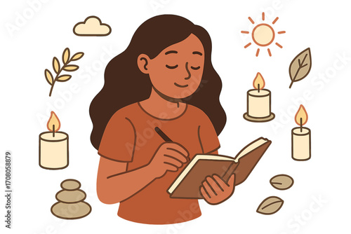 Mindful journaling concept for self care, mental health, and wellness. Calm woman writing in a diary surrounded by candles, zen stones, and nature symbols for relaxation.