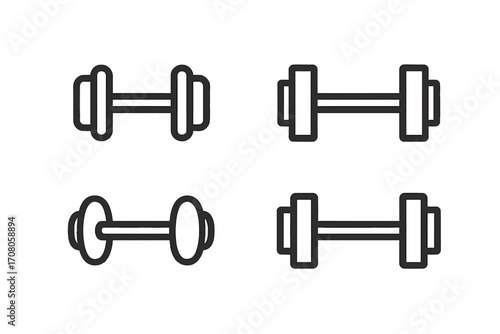 Dumbbell icon set for fitness, gym design. Minimalist line art vector for workout, training, bodybuilding. Weightlifting equipment symbols for health, exercise, sport, strength.