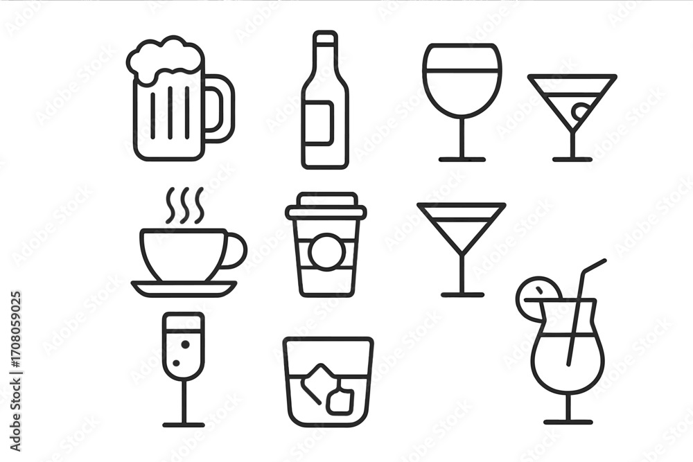 Beverage and drinks line icon set. Editable stroke vector symbols for bar menu, cafe, web, apps. Includes beer, wine, coffee, cocktail, whiskey, and champagne glass icons. Beverage and drinks line icon set. Editable stroke vector symbols for bar menu, cafe, web, apps. Includes beer, wine, coffee, cocktail, whiskey, and champagne glass icons.