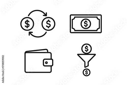 Money exchange and currency conversion icon set. Finance, banking, and payment symbols. Cash transfer, wallet, banknote, and sales funnel for income and profit concept.