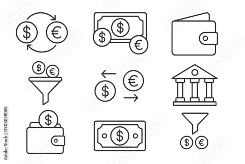 Money exchange icon set. Currency conversion thin line symbols. Finance, banking, and payment pictogram collection. Dollar, euro, wallet, bank, and sales funnel vector icons.