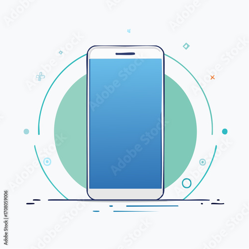 White Smartphone With Blue Screen On Green Circle Background