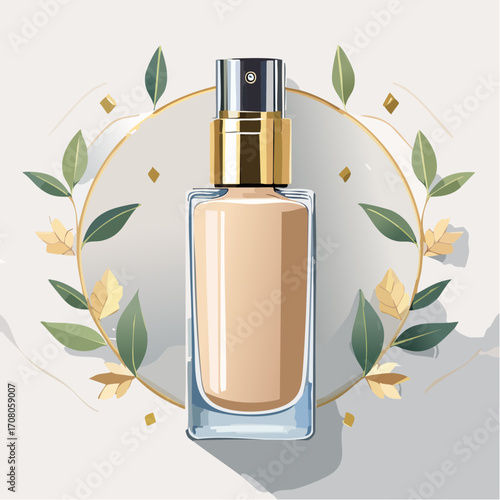 Beige Foundation In Clear Glass Bottle With Gold Cap