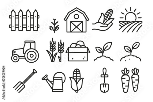 Agriculture line icon set. Farming and harvest symbols. Icons of tractor, barn, crop, field, organic food, plant growth, and gardening tools. Editable stroke vector.