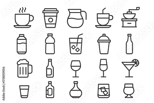 Beverage and drink line icon set. Coffee, tea, beer, wine, cocktail and soft drinks. Minimalist outline pictogram collection for bar or cafe menu. Vector editable stroke.