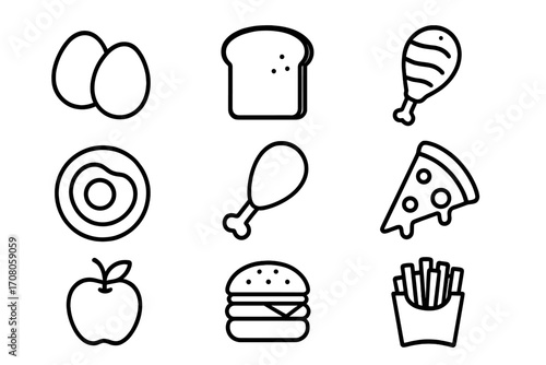Food line icon set. Editable stroke vector pictograms for web, apps. Fast food, breakfast symbols. Burger, pizza, fries, chicken leg, egg, bread, apple icons collection.