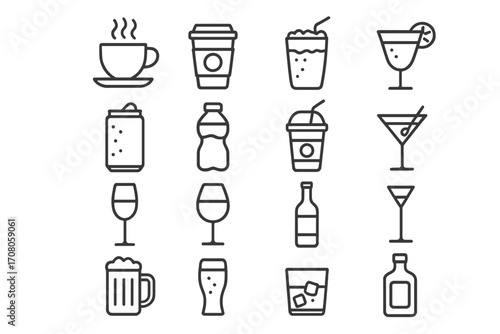 Drink and beverage icon set. Minimalist line art collection of coffee, cocktails, soda, beer, and wine. Vector pictograms with editable stroke for a cafe or bar menu design.