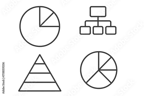 Set of thin line icons including pie chart, hierarchical structure, pyramid diagram, editable stroke vector illustration, perfect for web, apps, books, cards