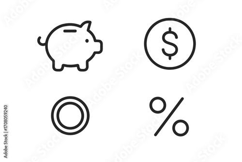 Piggy bank saving money icon, dollar coin currency symbol, percentage sign outline web line icons collection, editable stroke minimalist linear pictogram for financial apps, cards, banners, posts