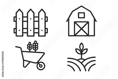 Set of Agriculture Line Icons with Editable Stroke for Design, Websites, Apps, Cards, featuring Linear Fence, Barn, Harvest, Plantation, Farm, Farming, Crop Symbols in Vector