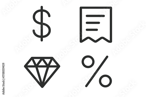 Simple linear icon set of dollar sign, receipt, diamond, and percent symbol, editable stroke, minimalistic design for cards, apps, banners, posts, vector cartoon style