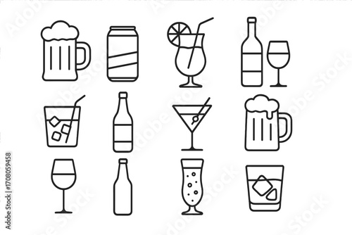 Vector Alcohol and Soft Drink Icons Collection. Beer mugs, cocktail glasses, wine bottles, cans, and soda with ice cubes. Beverage symbols for app, web, card, and poster design in cartoon style
