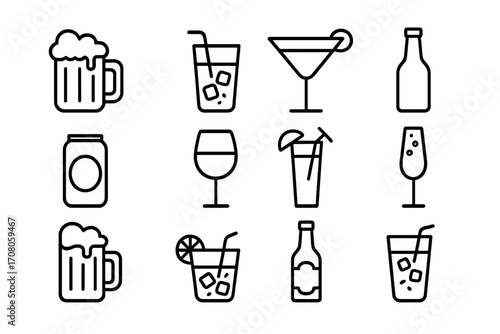 Vector icon collection of soft drinks and alcoholic beverages including beer mugs, cocktails, bottles, and glasses with ice cubes and garnishes for card, post, app, and web design