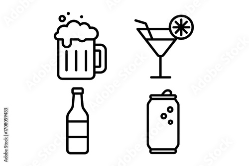 Simple linear vector illustrations of soft drinks and alcoholic beverages including beer mug, cocktail glass with straw and garnish, bottle, and soda can icons ideal for cards, apps, web design