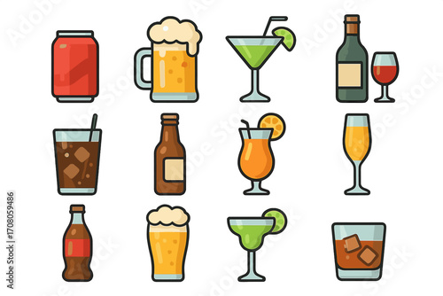 Soft drinks and alcohol icon set with beer mugs, cocktails, bottles, cans, and glasses for card, post, app, and website design. Vector cartoon illustration, colorful beverages collection