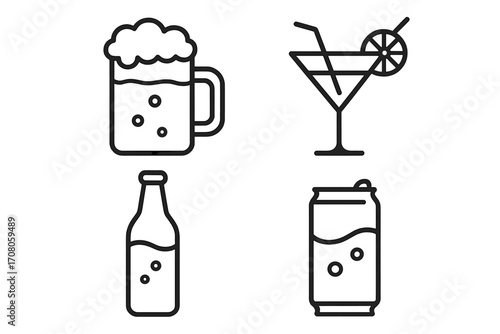 Simple linear vector icons of beer mug, cocktail glass with straw and lemon slice, beer bottle, soda can with bubbles, soft drinks and alcohol illustrations for card and web design