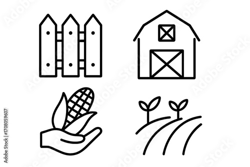 Agriculture icon set with barn, fence, corn harvest, and plantation field. Farming and cultivation concept. Rural farm life symbols. Vector line art for organic food.