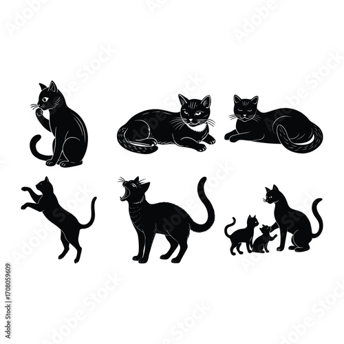  vector silhouette Black cat silhouettes with paw prints collection isolated on white background Purring Cats Vector Silhouette
