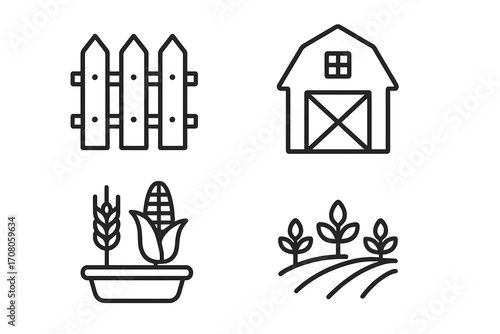Farming line icon collection for agriculture business. Modern vector symbols of fence, barn, harvest, corn, wheat, plantation. Thin outline pictograms for rural farm life.