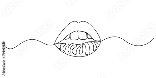 Lips one line drawing on white isolated background. Vector illustration, Human Lips Continuous Line Icon,  minimalist continuous one line drawing illustration of a realistic mouth smiling, Woman Lips 