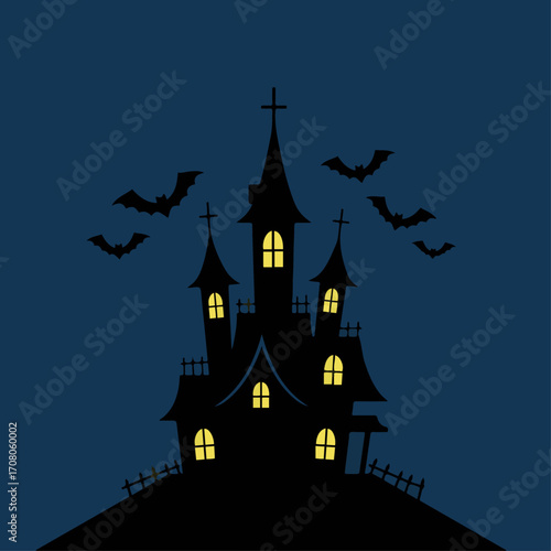 A spooky silhouette of a haunted mansion with glowing windows and bats flying in the night sky.