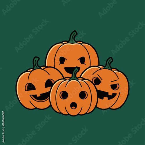 A group of four cartoon pumpkins with different carved faces, set against a dark green background.