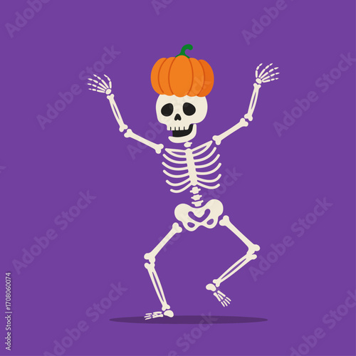 A cartoon skeleton wearing a pumpkin on its head is dancing joyfully against a purple background.