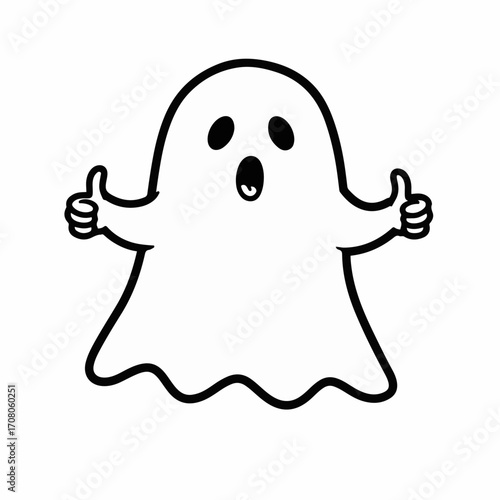 A cartoon ghost giving two thumbs up with a surprised expression.